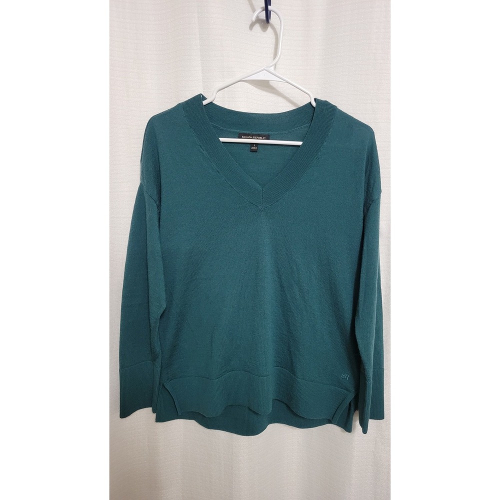 Banana Republic Sweater Women Green 100% Merino Wool V-Neck Sz S